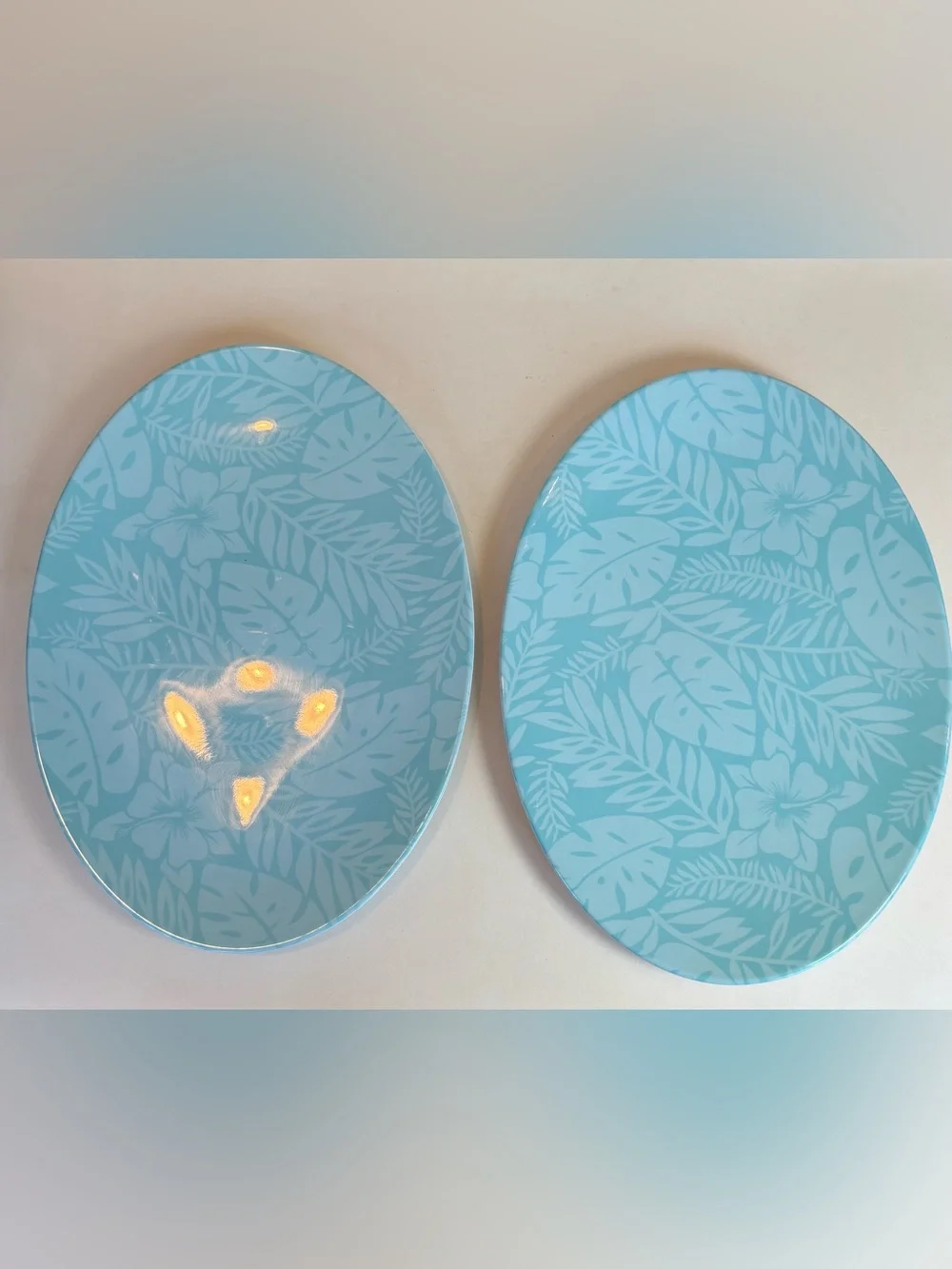 TWO! Tropical Blue Melamine Oval Serving Platters 16” Hawaiian Leaf Pattern